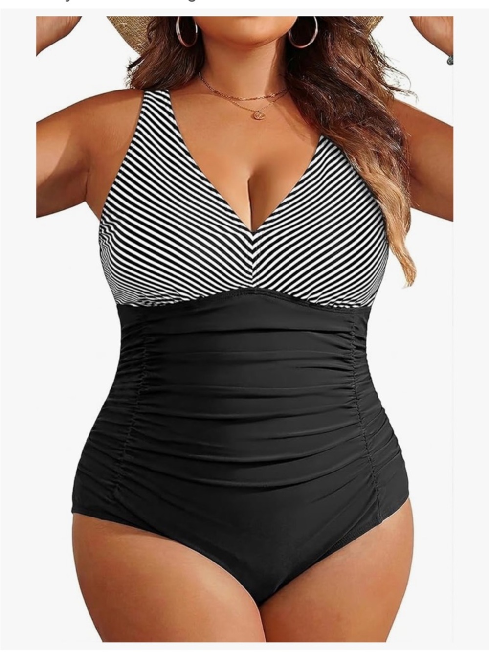Black & White V‑Neck Ruched One‑Piece Swimsuit